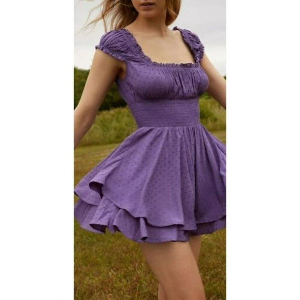 Urban Outfitters UO Rosie Smocked Tiered Ruffle Romper Purple Small